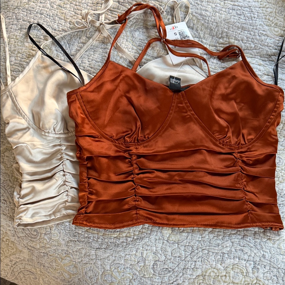 Forever 21 Satin Ruched Camisole - Copper and Cream